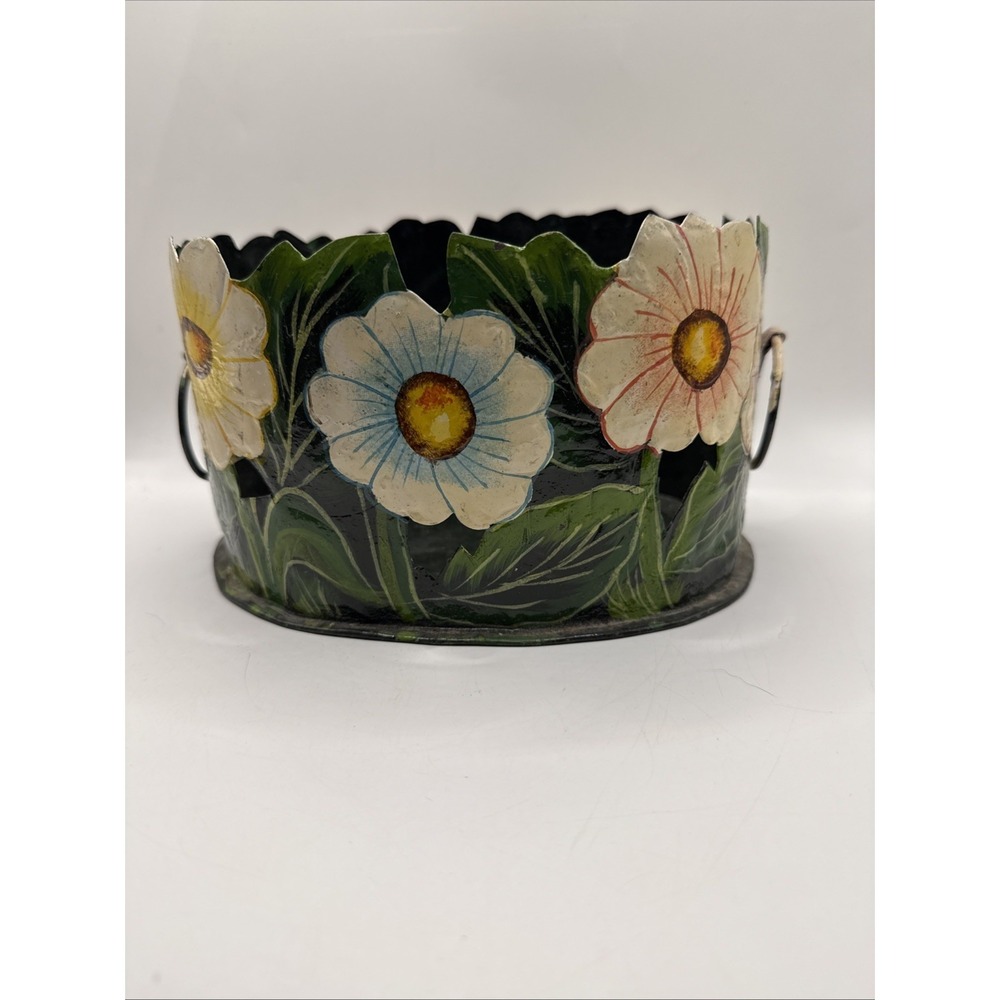 Vintage Painted Black Metal Toleware Scalloped Floral Planter 7"L 4.5" D